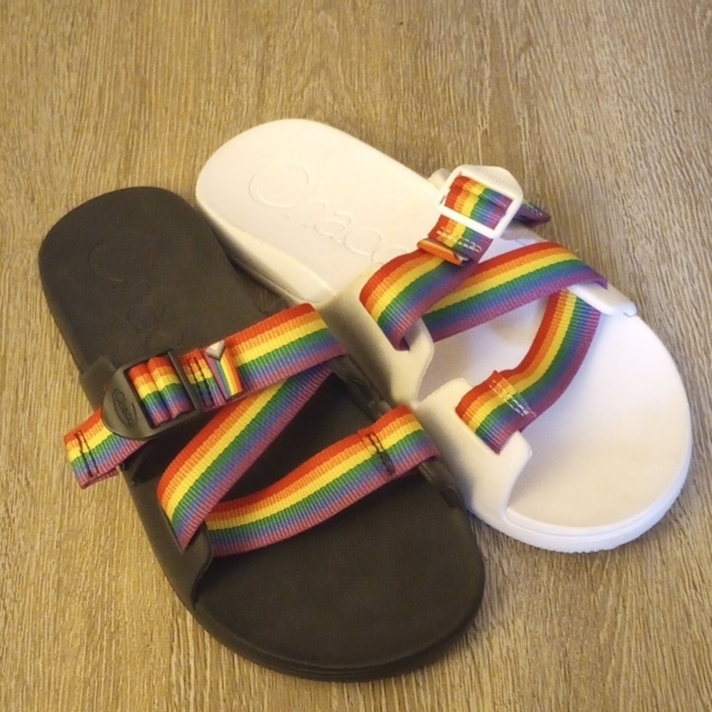 Chaco Rainbow Strap Slide Sandals — Black & White Footbeds